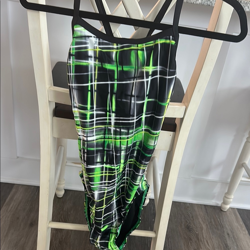 Green and Black Asymmetrical Cut Out Midi Swim One Piece